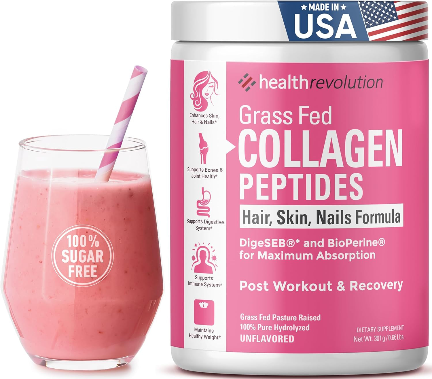 Hydrolyzed Collagen Peptides Powder - Skin, Hair, Nails & Joint Support, Grass-F