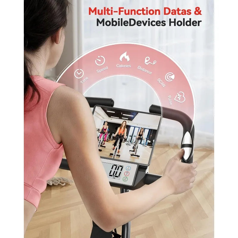 PLENY Folding Exercise Bike, Indoor Stationary Bike 16-Level Magnetic Resistance with Arm Resistance Band