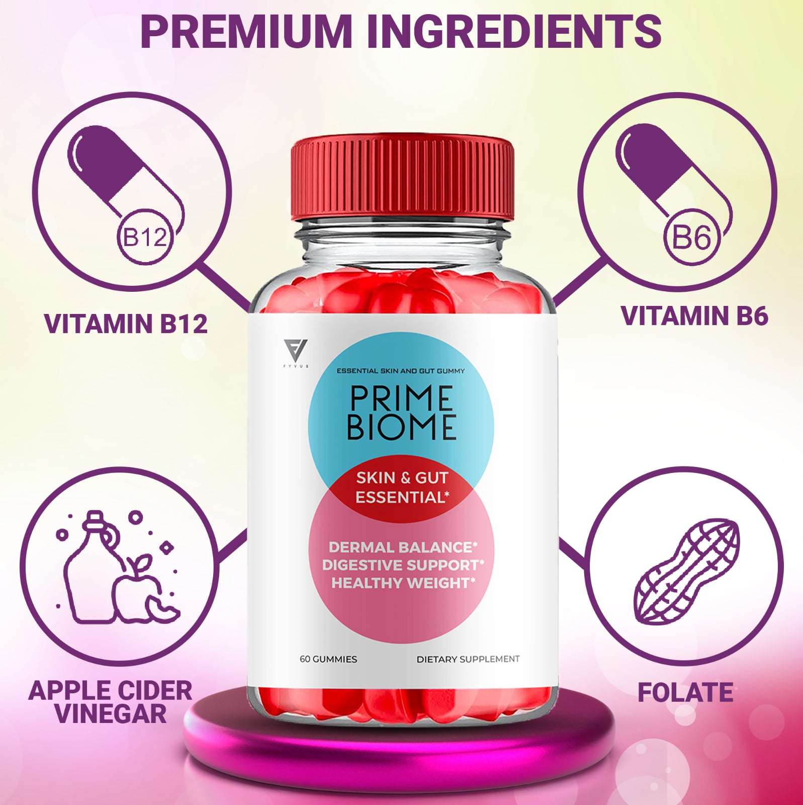 (3 Pack) Prime Biome Gummies Primebiome Probiotic Skin Supplement (180 Gummies)