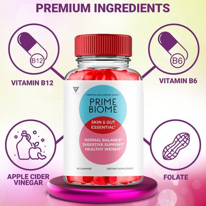 (3 Pack) Prime Biome Gummies Primebiome Probiotic Skin Supplement (180 Gummies)