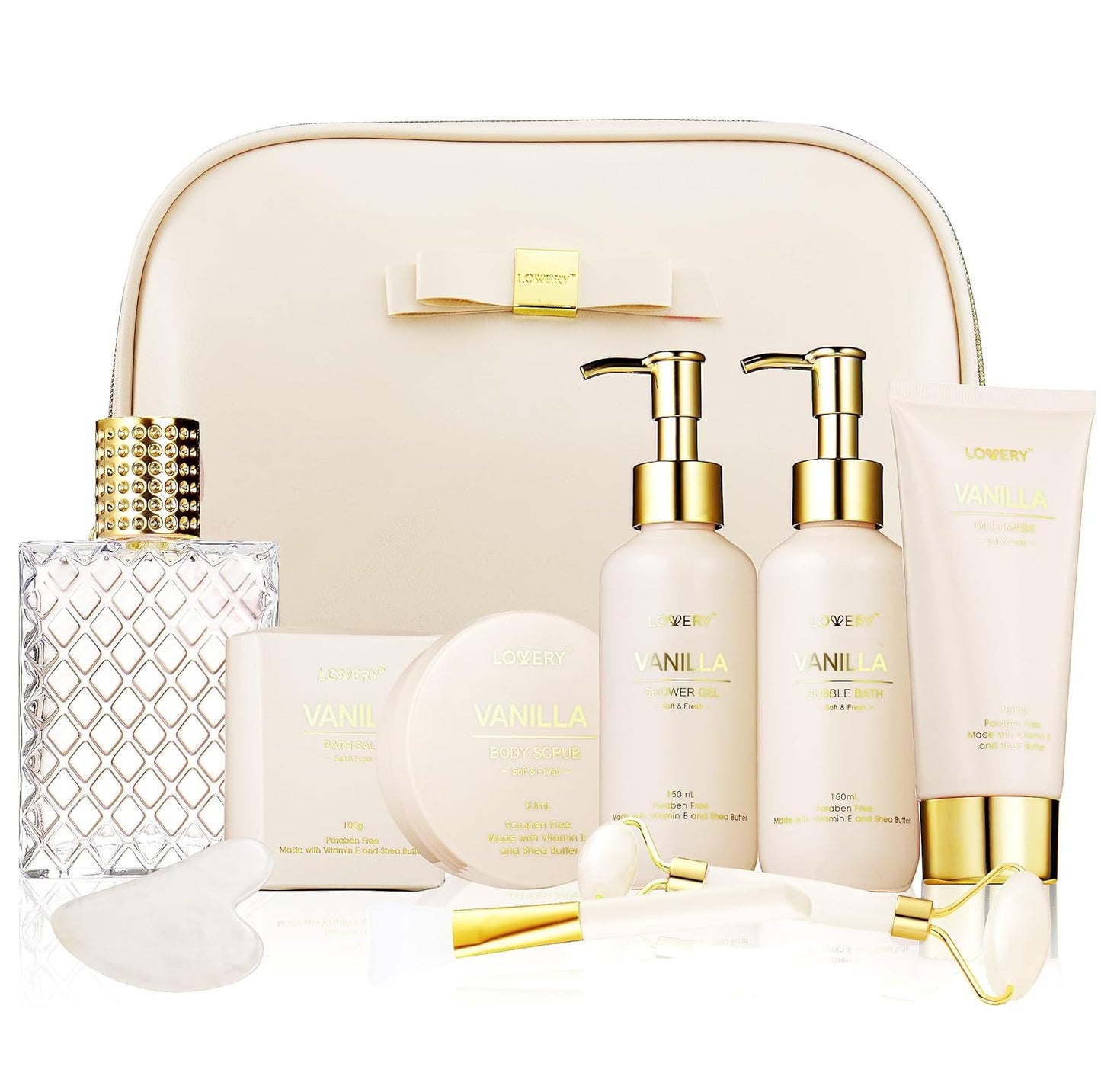 Vanilla Spa Gift Basket for Women - Luxurious Self-Care Kit with Shower Gel, Bubble Bath, Perfume, Gua Sha, and Jade Roller - Ideal Birthday and Mother's Day Gift