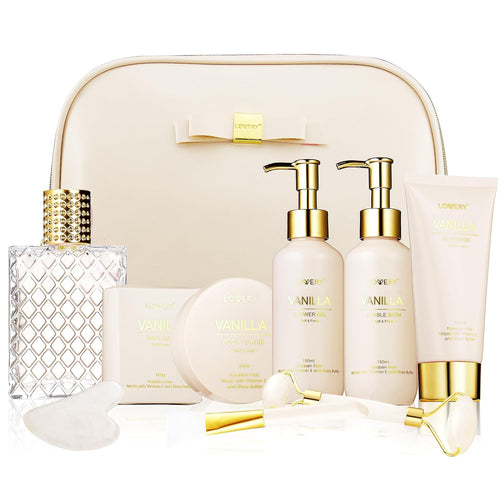 Vanilla Spa Gift Basket for Women - Luxurious Self-Care Kit with Shower Gel, Bubble Bath, Perfume, Gua Sha, and Jade Roller - Ideal Birthday and Mother's Day Gift