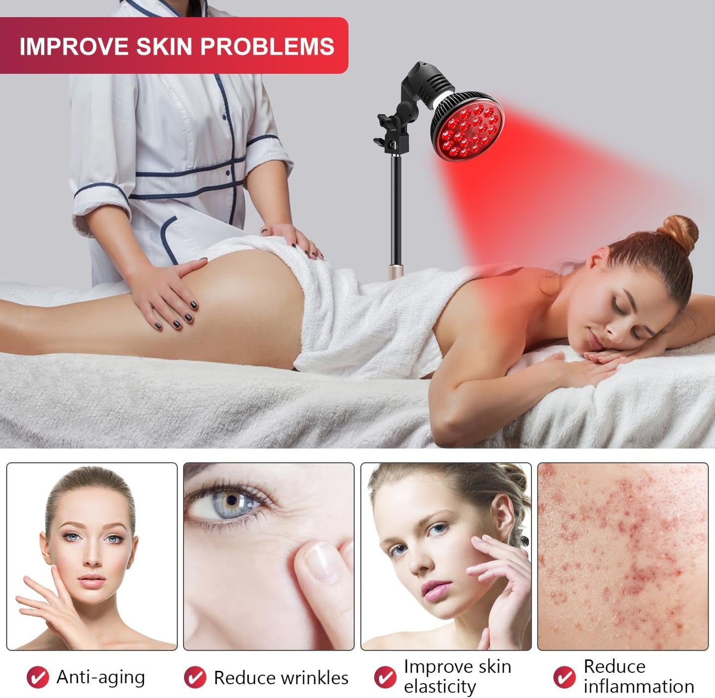 Red Light Therapy Lamp - LED Treatment for Face and Body with Adjustable Stand (10-16.5 inches), Featuring 18 LEDs at 660nm & 850nm Combo