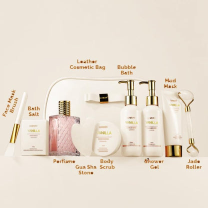 Vanilla Spa Gift Basket for Women - Luxurious Self-Care Kit with Shower Gel, Bubble Bath, Perfume, Gua Sha, and Jade Roller - Ideal Birthday and Mother's Day Gift