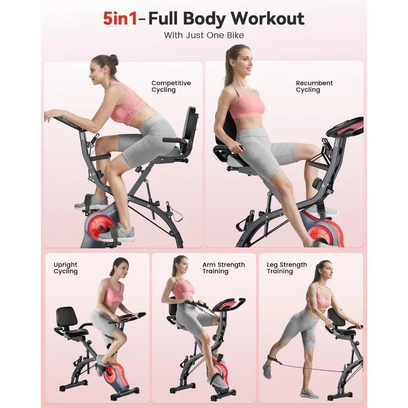 PLENY Folding Exercise Bike, Indoor Stationary Bike 16-Level Magnetic Resistance with Arm Resistance Band