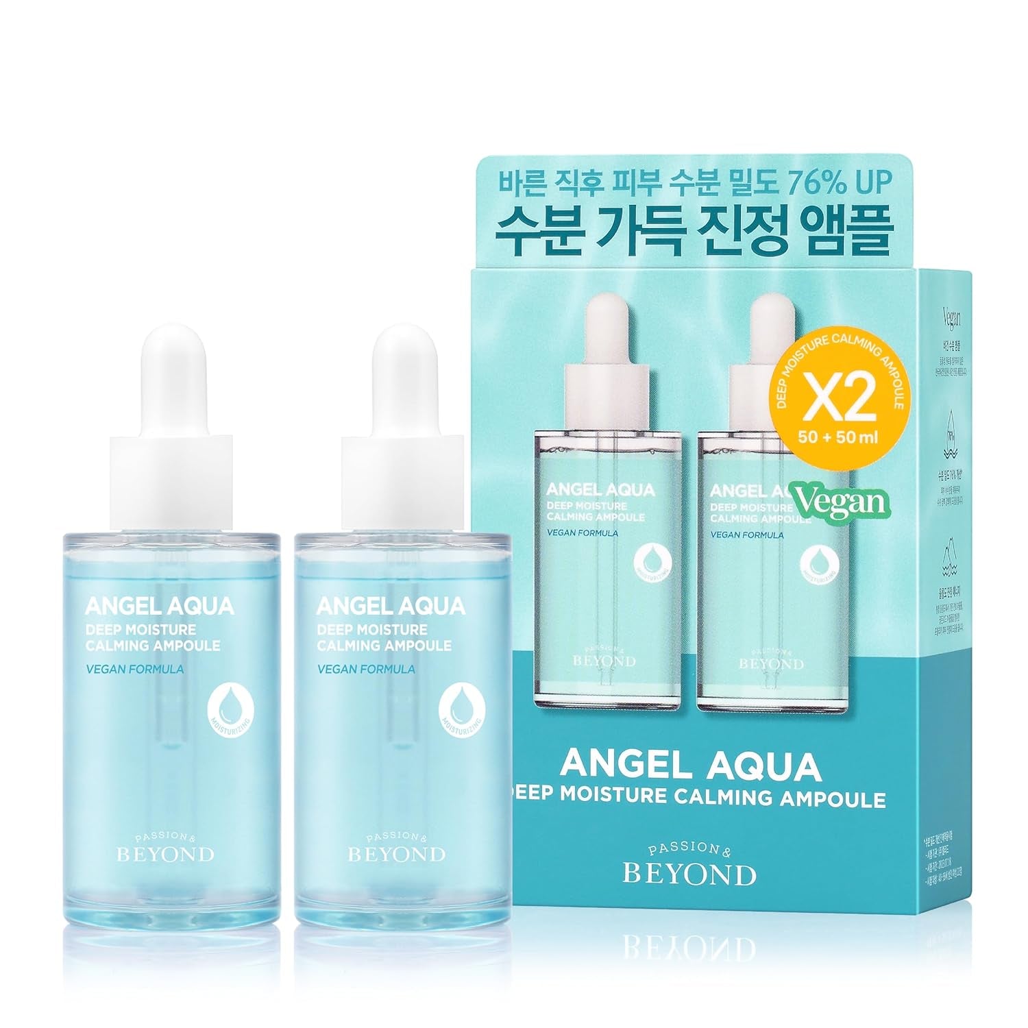 BEYOND Angel Aqua Moisture Ampoule (1.7Fl Oz*2, Pack of 2) - Deep Hydration Serum for Sensitive Skin, Barrier Strengthening. Vegan Formula Korean Skin Care. Chervil,