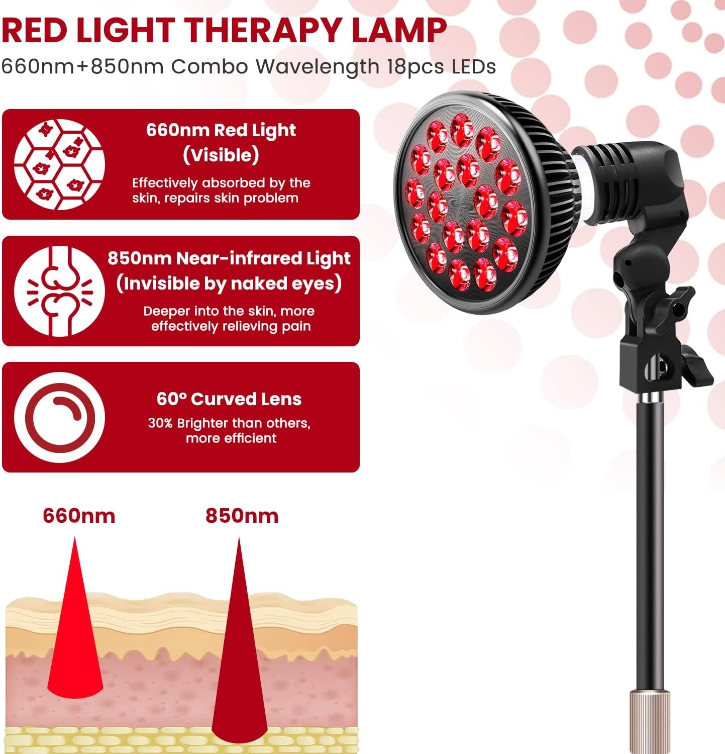 Red Light Therapy Lamp - LED Treatment for Face and Body with Adjustable Stand (10-16.5 inches), Featuring 18 LEDs at 660nm & 850nm Combo