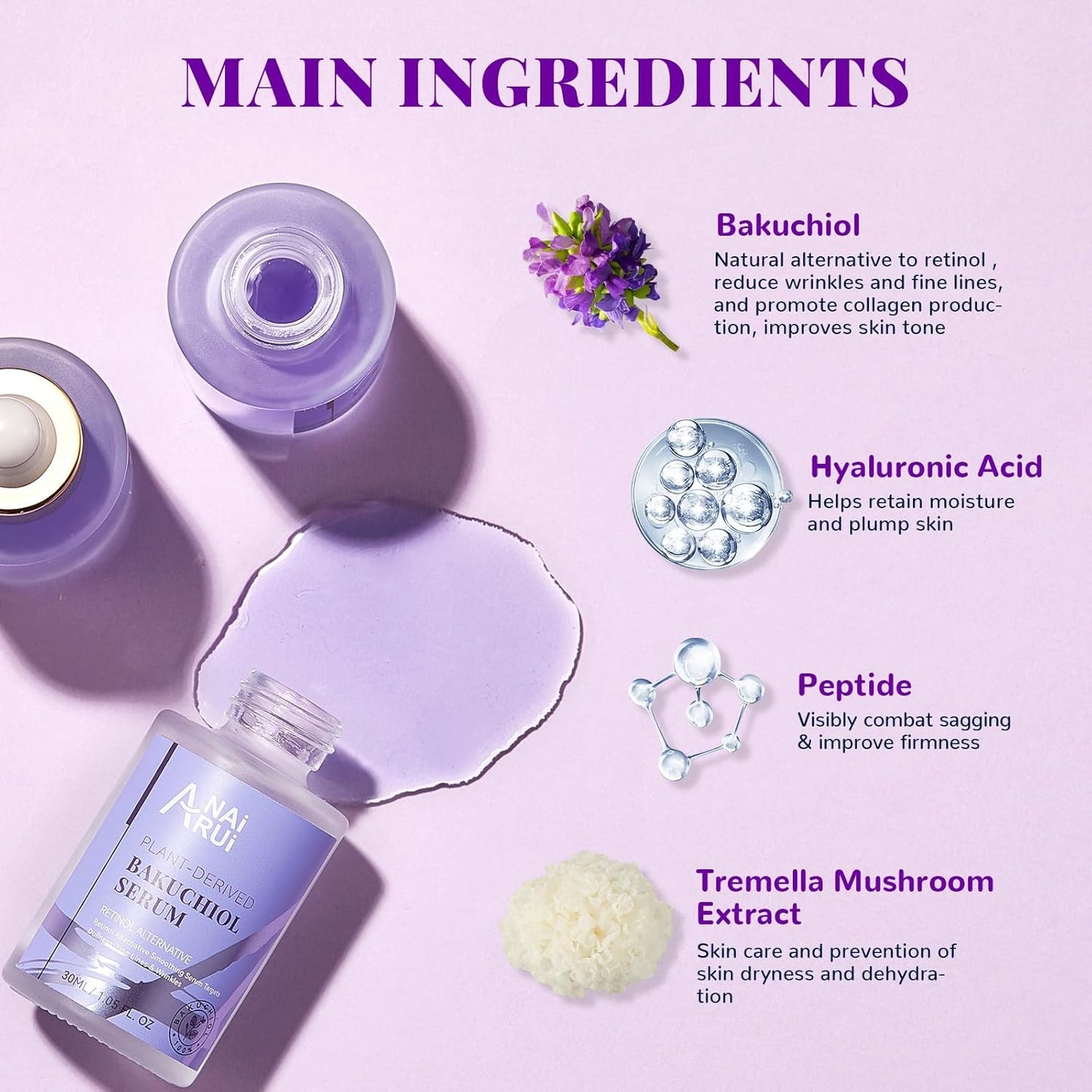 Bakuchiol Face Serum for Face, Bakuchiol Retinol Alternative Serum,Smoothing Face Serum with Hyaluronic Acid & Peptide Sensitive Skin Serum, anti Aging & Wrinkle Serum, 1Fl.Oz