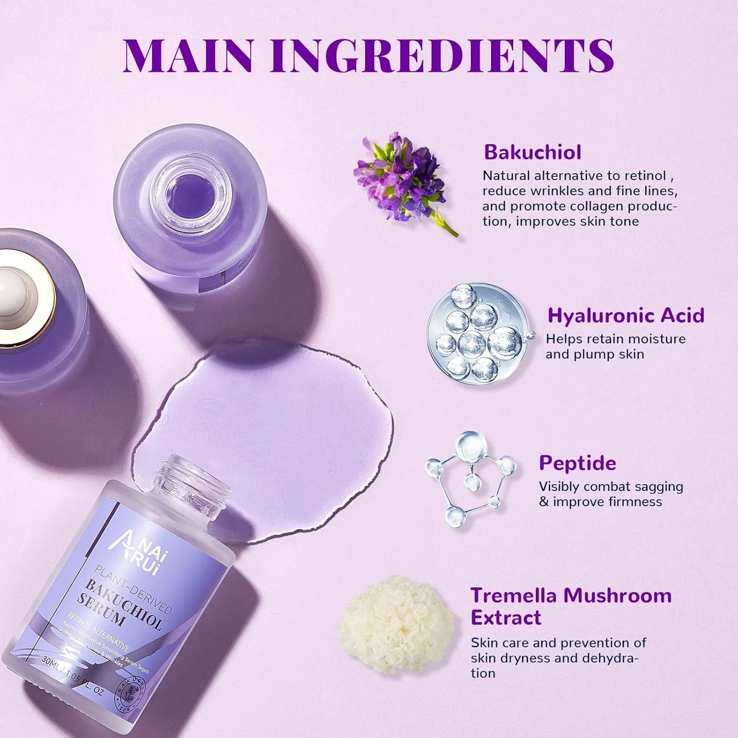 Bakuchiol Face Serum for Face, Bakuchiol Retinol Alternative Serum,Smoothing Face Serum with Hyaluronic Acid & Peptide Sensitive Skin Serum, anti Aging & Wrinkle Serum, 1Fl.Oz