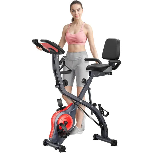 PLENY Folding Exercise Bike, Indoor Stationary Bike 16-Level Magnetic Resistance with Arm Resistance Band