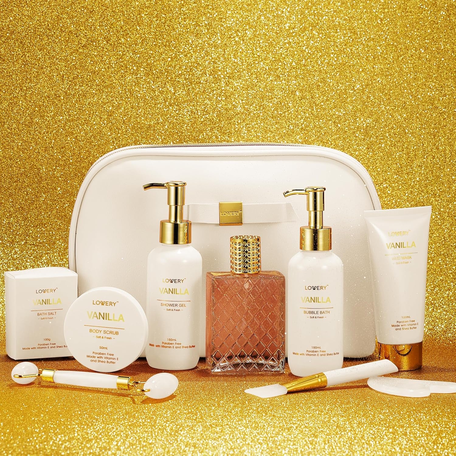 Vanilla Spa Gift Basket for Women - Luxurious Self-Care Kit with Shower Gel, Bubble Bath, Perfume, Gua Sha, and Jade Roller - Ideal Birthday and Mother's Day Gift