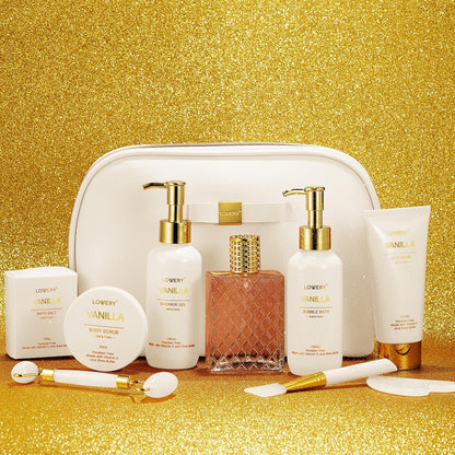 Vanilla Spa Gift Basket for Women - Luxurious Self-Care Kit with Shower Gel, Bubble Bath, Perfume, Gua Sha, and Jade Roller - Ideal Birthday and Mother's Day Gift