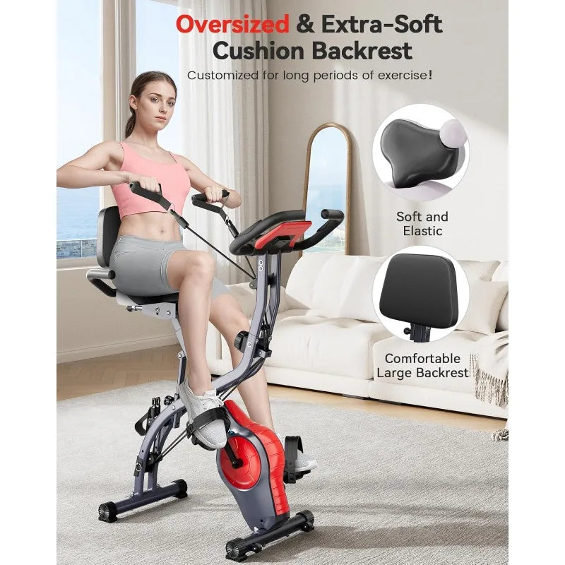 PLENY Folding Exercise Bike, Indoor Stationary Bike 16-Level Magnetic Resistance with Arm Resistance Band