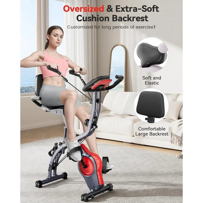 PLENY Folding Exercise Bike, Indoor Stationary Bike 16-Level Magnetic Resistance with Arm Resistance Band