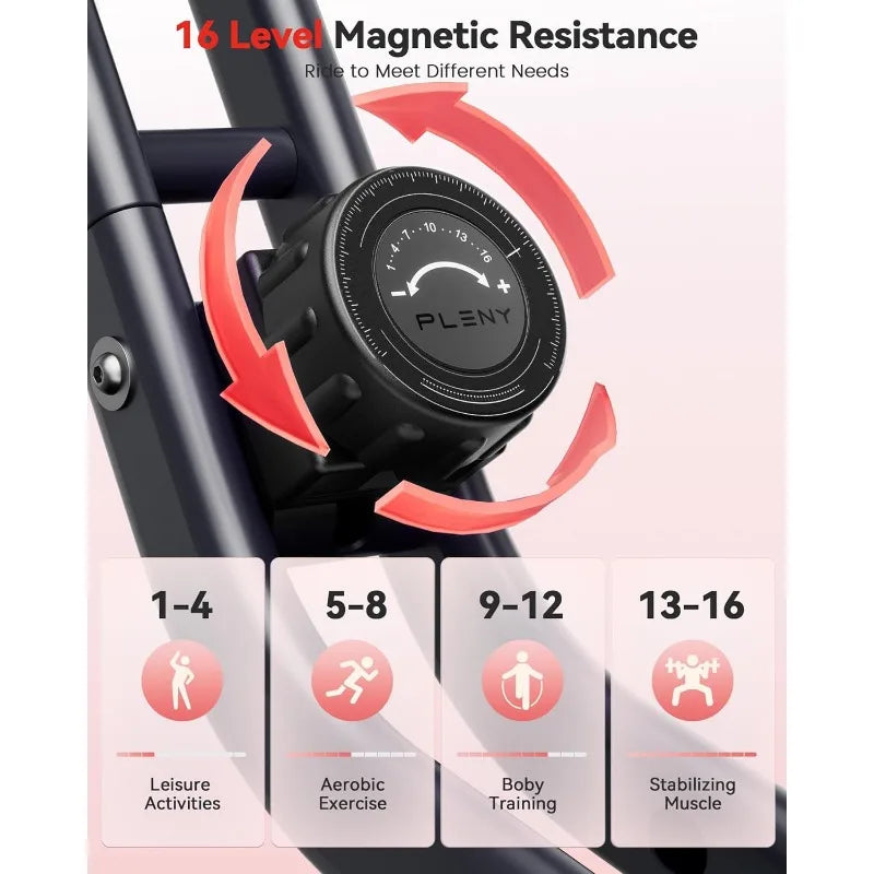 PLENY Folding Exercise Bike, Indoor Stationary Bike 16-Level Magnetic Resistance with Arm Resistance Band
