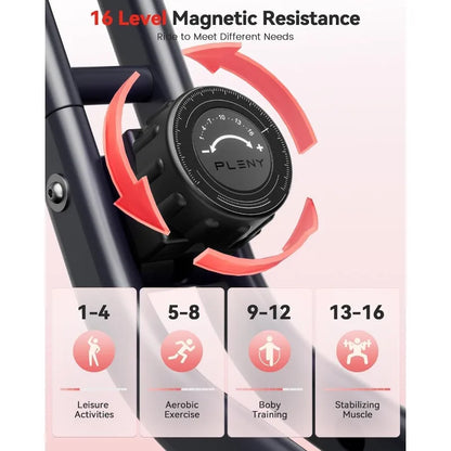 PLENY Folding Exercise Bike, Indoor Stationary Bike 16-Level Magnetic Resistance with Arm Resistance Band