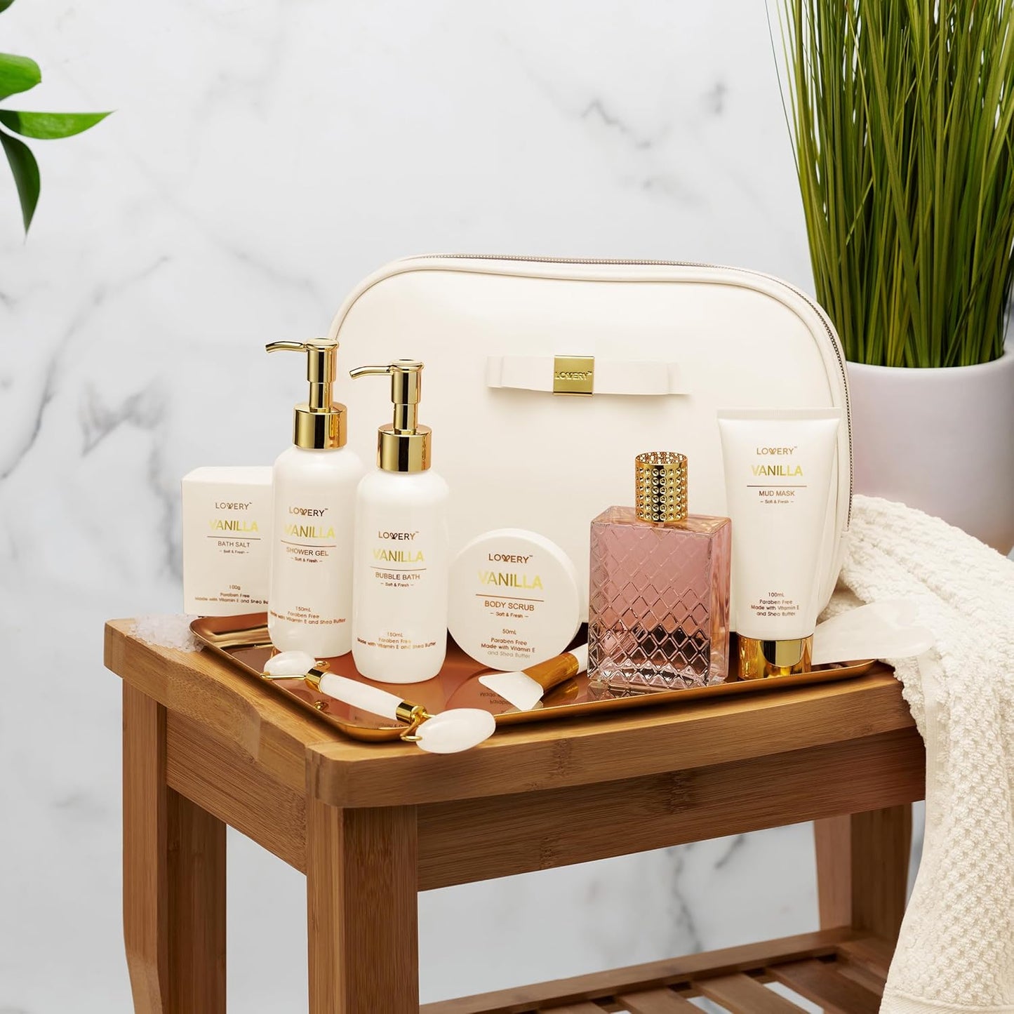 Vanilla Spa Gift Basket for Women - Luxurious Self-Care Kit with Shower Gel, Bubble Bath, Perfume, Gua Sha, and Jade Roller - Ideal Birthday and Mother's Day Gift