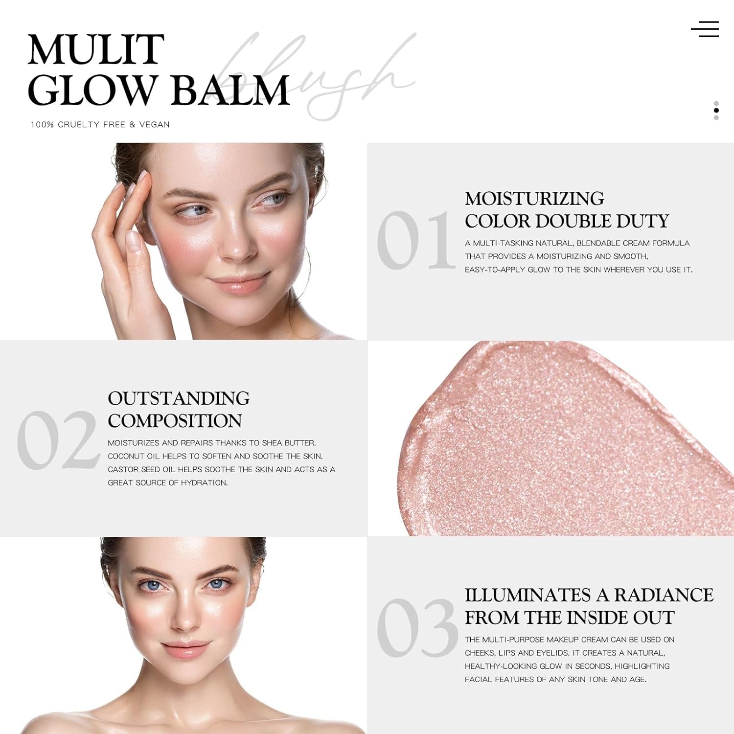Mulit Glow Balm Face Makeup - Cream Blush, Radiant Finish, Vegan, Nude Gardenia